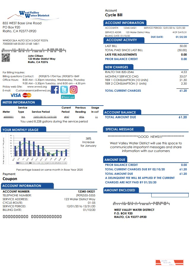 USA California West Valley Water District utility bill template in Word and PDF format